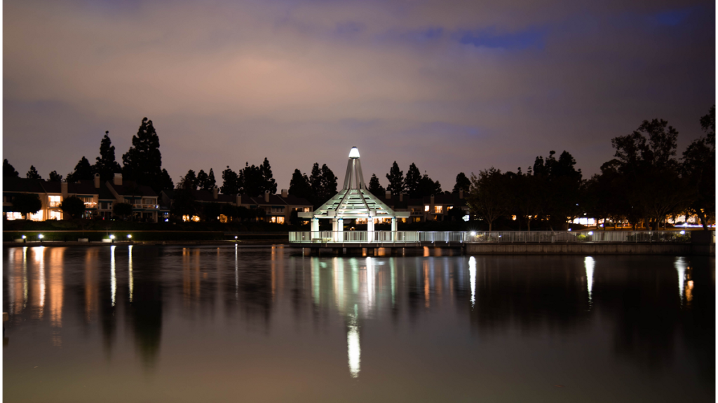 Nighttime gazebo in an Irvine neighborhood illustrating community amenities.