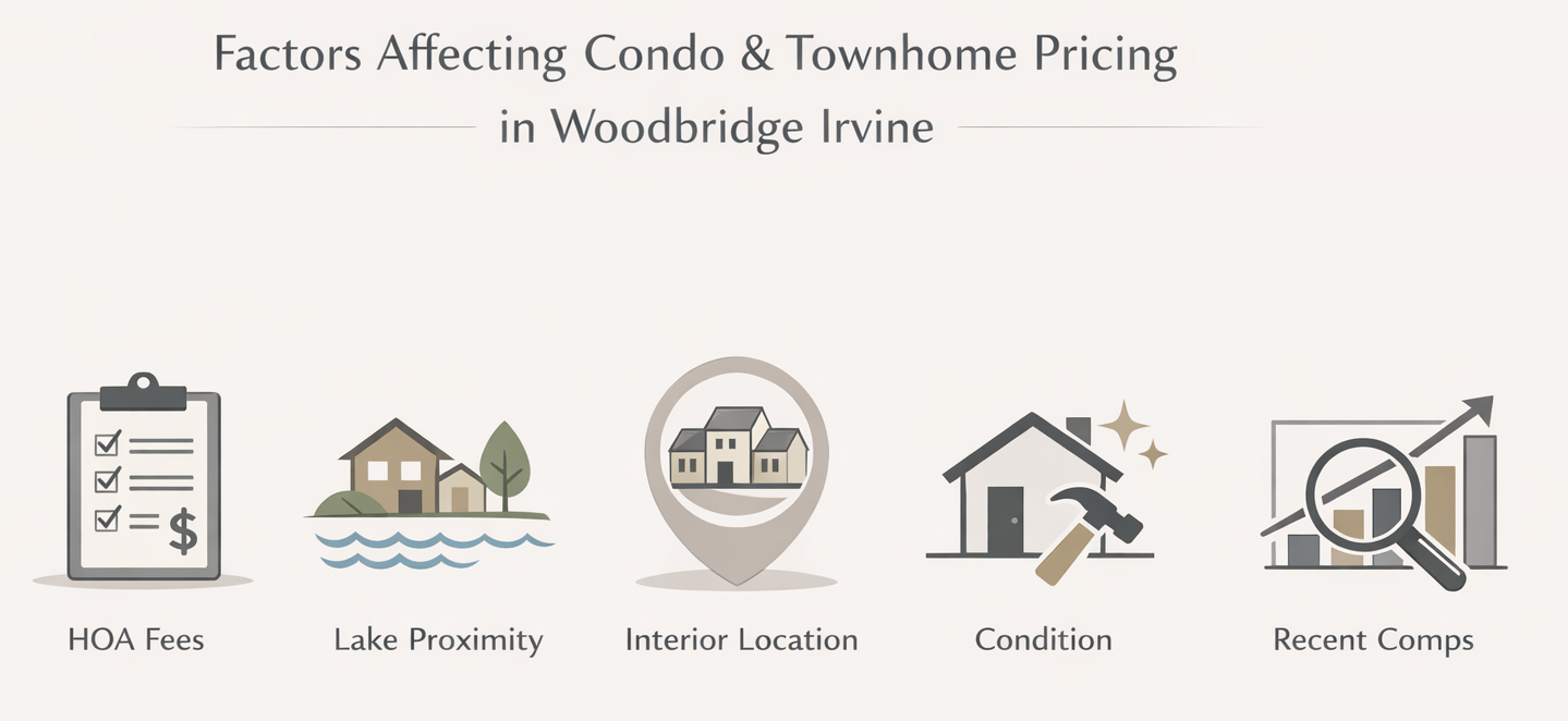 Diagram showing key factors that influence pricing for Woodbridge Irvine condos and townhomes